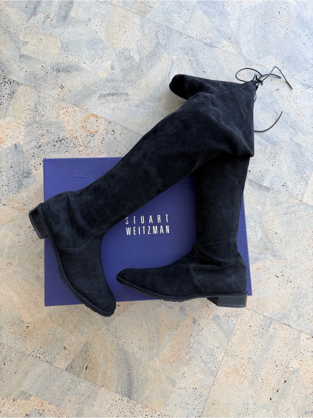 Stuart Weitzman Black Suede Over-the-Knee Boots with Tie